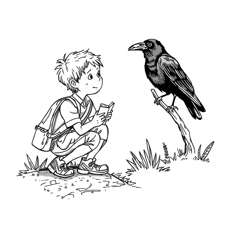 Wren crouches with his field notebook beside Sitka the raven